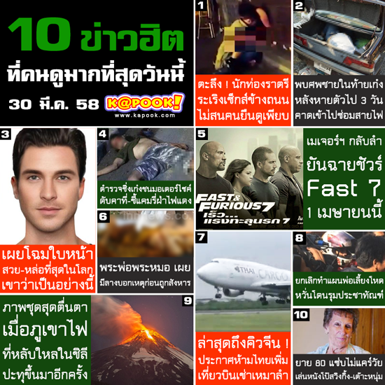 10 ข่าวฮิตประจำเว็บไซต์ kapook.com วันที่ 30 มีนาคม 2558