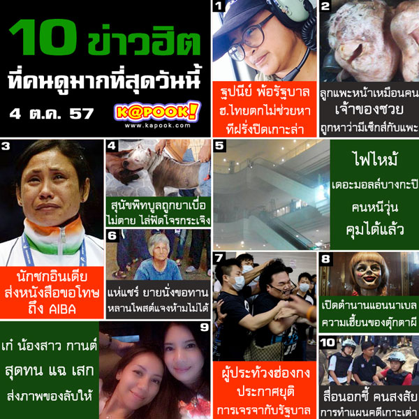 10 ข่าวฮิต ที่คนดูมากที่สุด ประจำวันที่ 4 ต.ค. 57