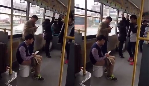 หนุ่มหิ้วถังส่วนตัวขึ้นมานั่งอุจจาระบนรถเมล์